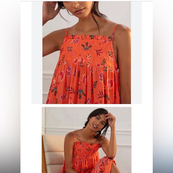 Anthropologie Quilted Orange Floral Flowy Maxi Summer Dress Boho Cottage SZ M - Picture 2 of 3